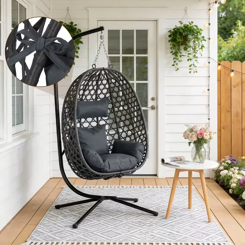 Fotoliu suspendat tip ou SOLARA din ratan cu suport, imagine 2