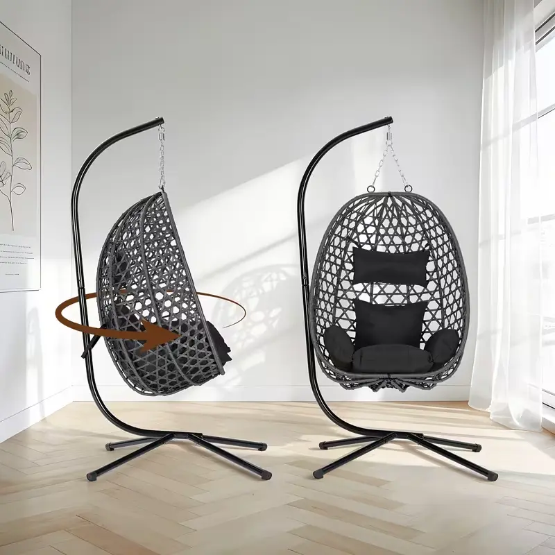 Fotoliu suspendat tip ou SOLARA din ratan cu suport, imagine 5